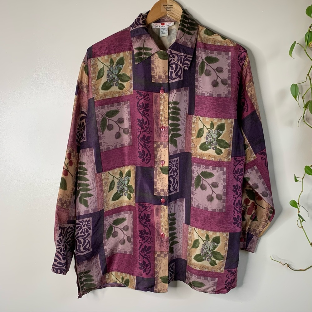 100% Silk Patchwork Design Botanical Top - image 6